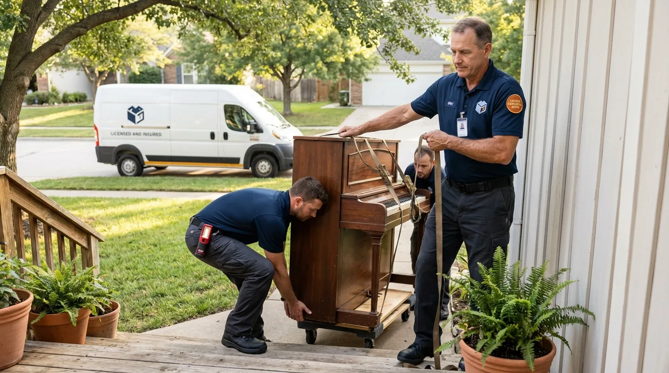 Licensed piano movers securing grand piano in Tillamook, OR