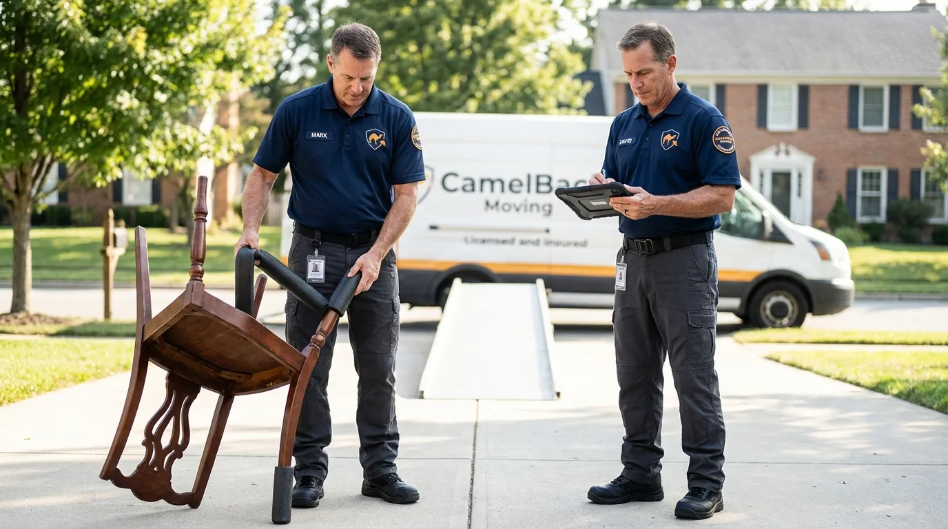 Movers inspecting furniture for damage prevention before loading in Tillamook, OR