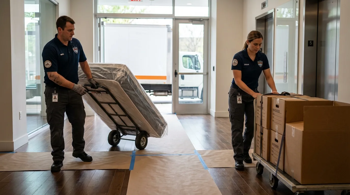 Professional apartment movers loading elevator in Tillamook, OR