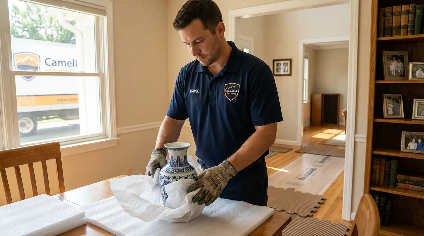 Professional crew carefully wrapping antique vase for senior downsizing move in Tillamook, OR